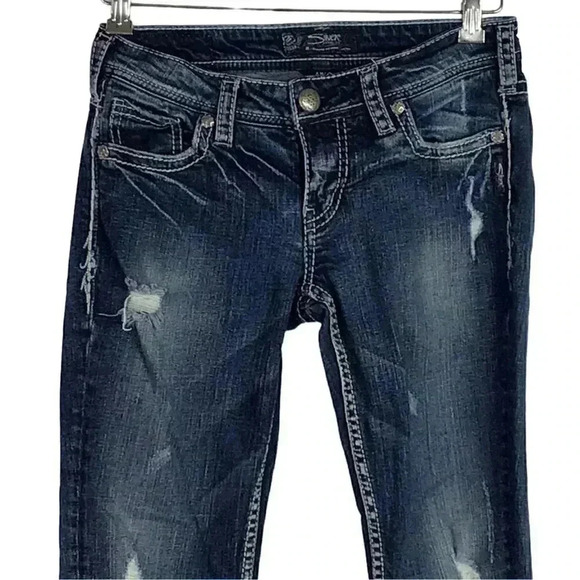 Silver Aiko Women 27 Mid Capri Jeans Blue Cotton Stretch Whiskered Embroidered - Picture 3 of 8